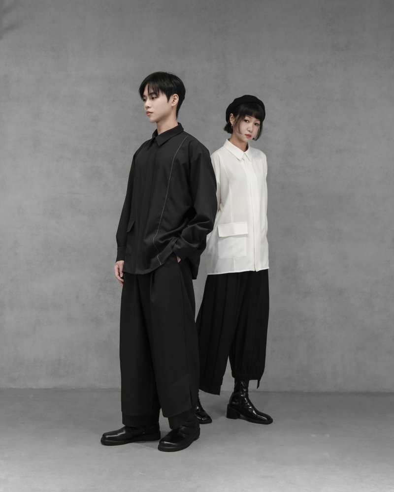 MUKK DESIGN 單口袋撞色車線拉鏈寬版襯衫-黑 - 男襯衫/休閒襯衫 - 聚酯纖維 黑色