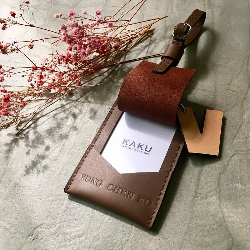 Luggage Tag Luggage Tag + English Character Charm Customized Gift - Luggage Tags - Genuine Leather Brown