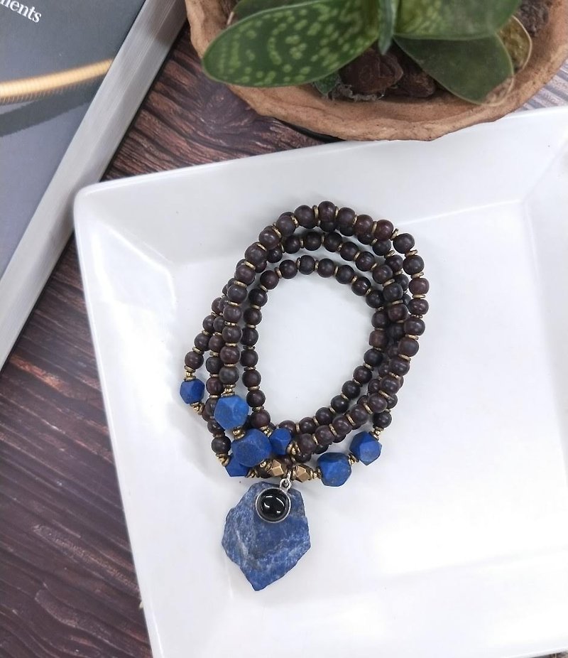 [The only product. 108 rosary beads] small leaf purple altar*lapis lazuli*black chalcedony rosary multi-ring bracelet - Bracelets - Wood Brown