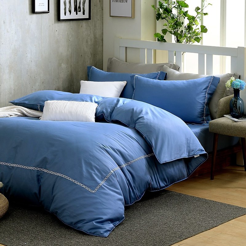 (加大)返真-優雅藍-高質感60棉兩用被床包四件組【6*6.2尺Queen】 - 床包/寢具 - 棉．麻 藍色
