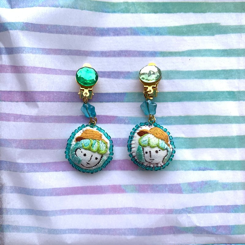 Little Me hand-painted embroidery earrings ear clip earrings - summer - Earrings & Clip-ons - Thread Green
