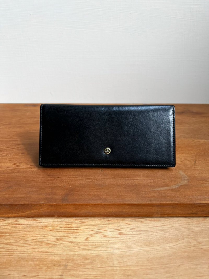 Italian vegetable tanned leather half-fold thin long clip-glaze black - กระเป๋าสตางค์ - หนังแท้ 