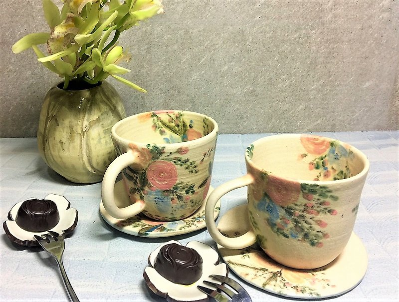 【對杯二入組】幸福花束下午茶杯盤組2入_陶器馬克杯 - 咖啡杯/馬克杯 - 陶 白色