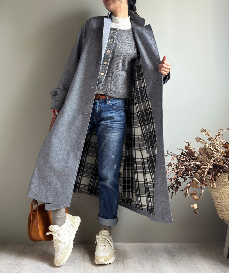 Meet the snowy city/denim suit collar OVER SIZE wide long coat/double-layer windbreaker jacket - เสื้อแจ็คเก็ต - ผ้าฝ้าย/ผ้าลินิน 