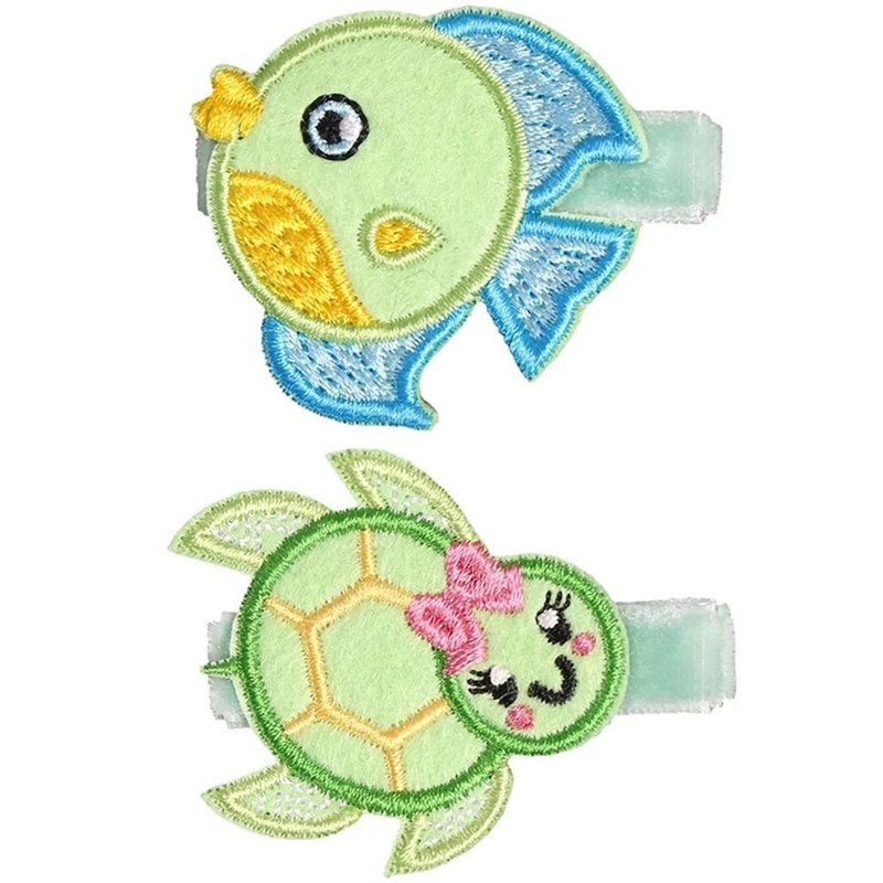 小魚與海龜髮夾兩入組 全包布手工髮飾Fish & Turtle - 髮圈/髮夾 - 聚酯纖維 綠色