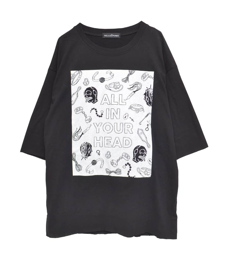 ALL IN YOUR HEAD Big T-shirt/Black/White/F size/hellcatpunks/hcp-t-0137 - เสื้อยืดผู้หญิง - ผ้าฝ้าย/ผ้าลินิน สีดำ