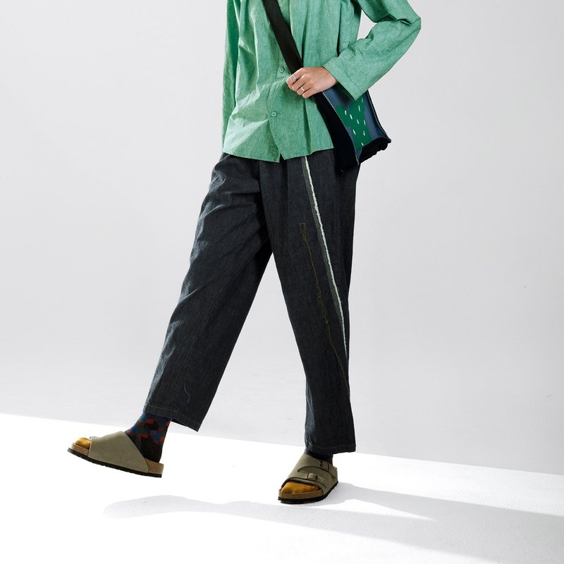 浪花鬚邊斜剪接長褲 - 女長褲 - 棉．麻 藍色