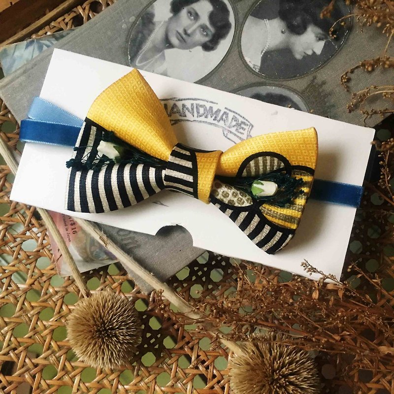 結婚畢業禮物-古董布花領帶改製手工領結-活力黃-玫瑰版 - 領結/領巾 - 絲．絹 黃色