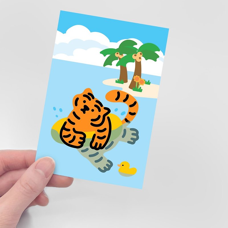 Lying fat tiger blue sea summer illustration postcard - การ์ด/โปสการ์ด - กระดาษ 