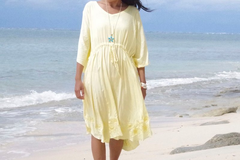 Hibiscus embroidered butterfly sleeve dress <lemon> - One Piece Dresses - Other Materials Yellow