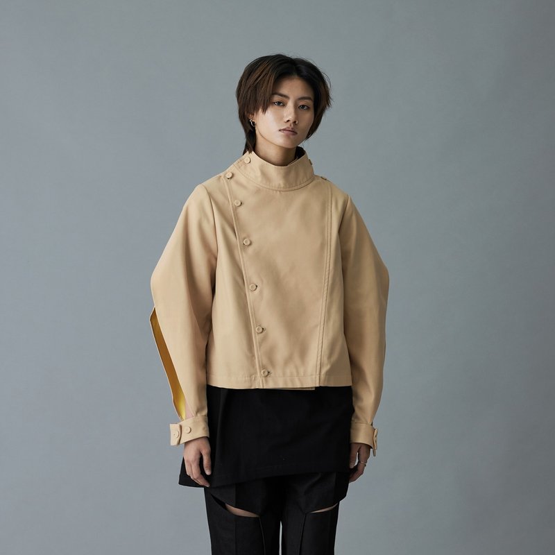 袖身鏤空側排釦外套 - 女大衣/外套 - 棉．麻 卡其色