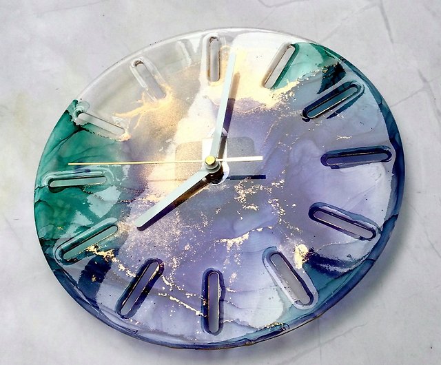 ダークグリーンゴールド-オリジナルの手作りアルコールインク時計/樹脂/壁掛け時計の直径25cm