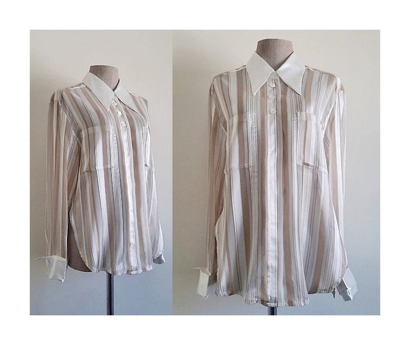 Vintage Gold White Striped Sheer Blouse - เสื้อผู้หญิง - เส้นใยสังเคราะห์ สีทอง