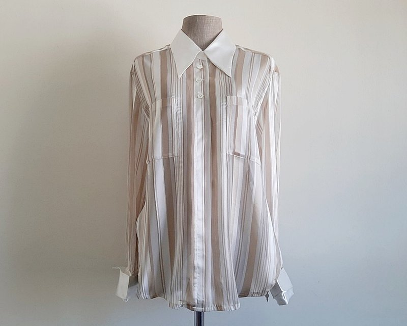 Vintage Gold White Striped Sheer Blouse - 女裝上衣 - 聚酯纖維 金色