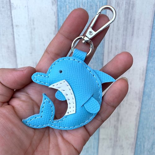 leatherprince 療癒小物 淺藍色 海豚 純手工縫製 皮革 鑰匙扣 小尺寸
