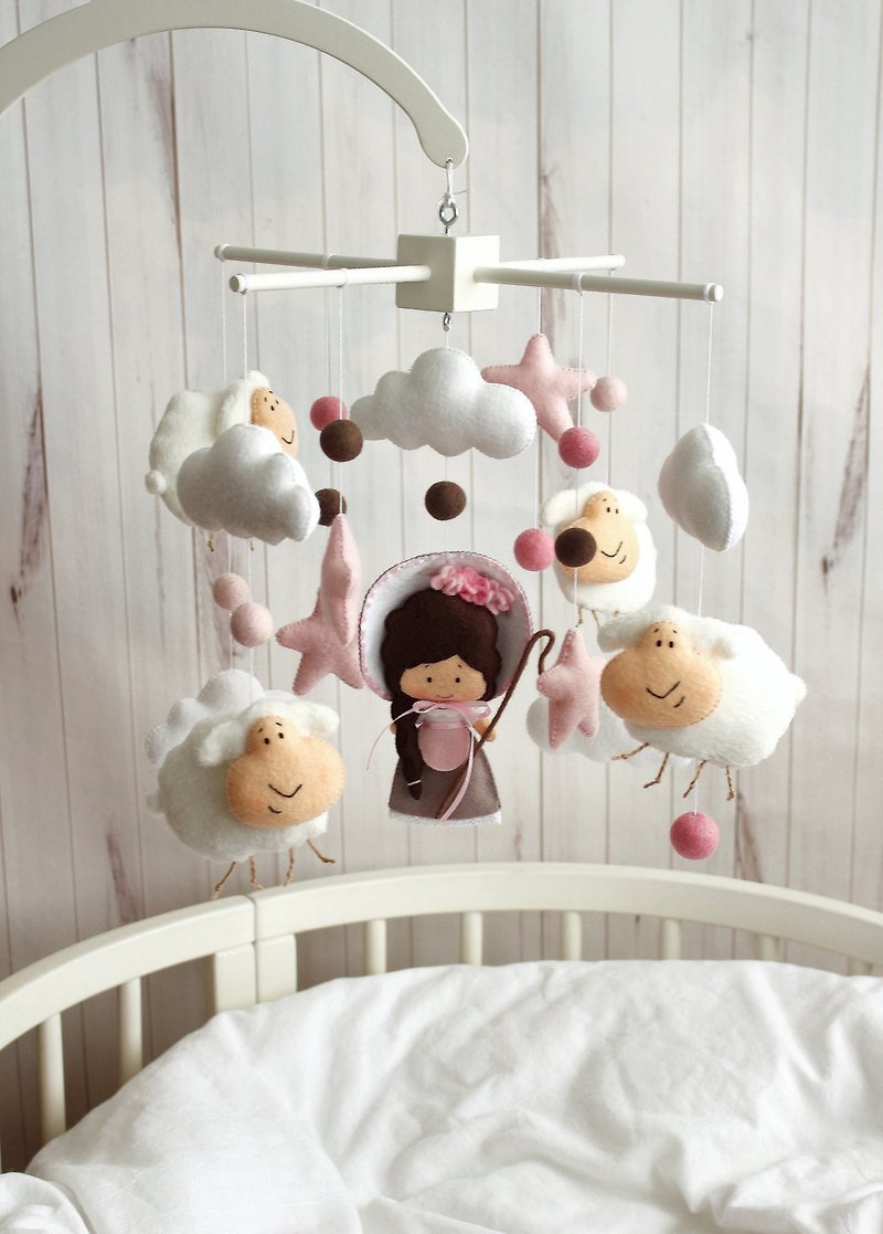 Shepherdess and sheep baby crib mobile, Lambs between clouds felt cot mobile - Kids' Toys - Eco-Friendly Materials Multicolor