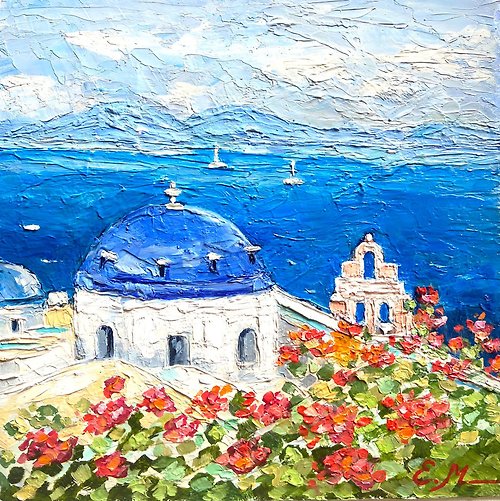 サントリーニ島の海景、海の景色、油絵、印象派アート、癒しの写真 ...