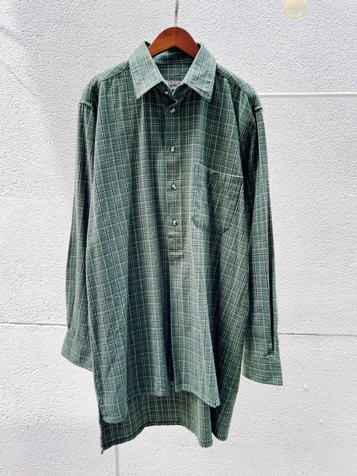 河水山 墨綠x深藍色 歐洲法蘭絨格紋長版 薄料上衣襯杉洋裝 dress shirt