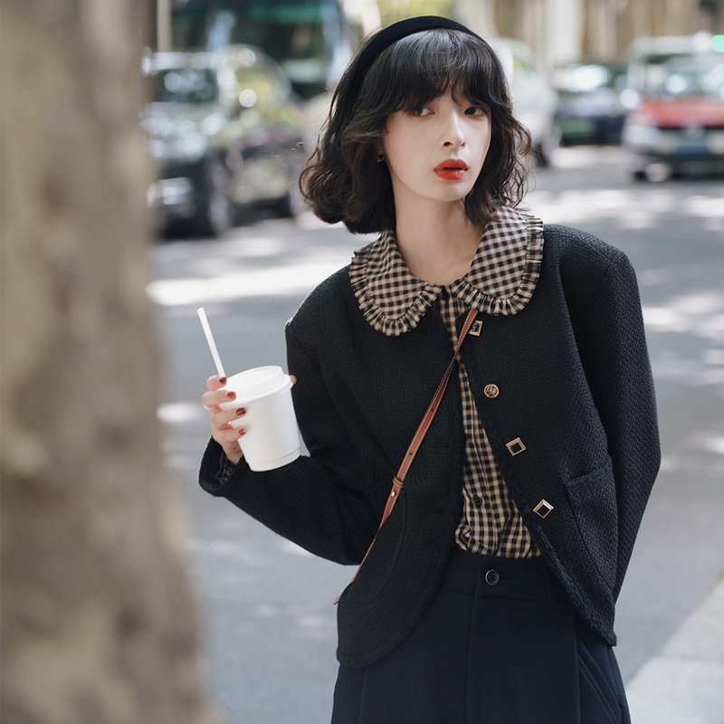 黑色編織紋理圓領外套|外套|秋款|羊毛混紡|Sora-806 - 女大衣/外套 - 羊毛 黑色