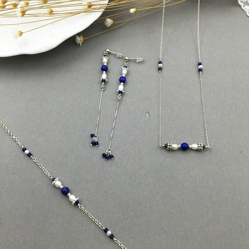 Palace Rose Lapis Lazuli Pearl 925 Silver Necklace Bracelet Earrings - Necklaces - Gemstone Blue