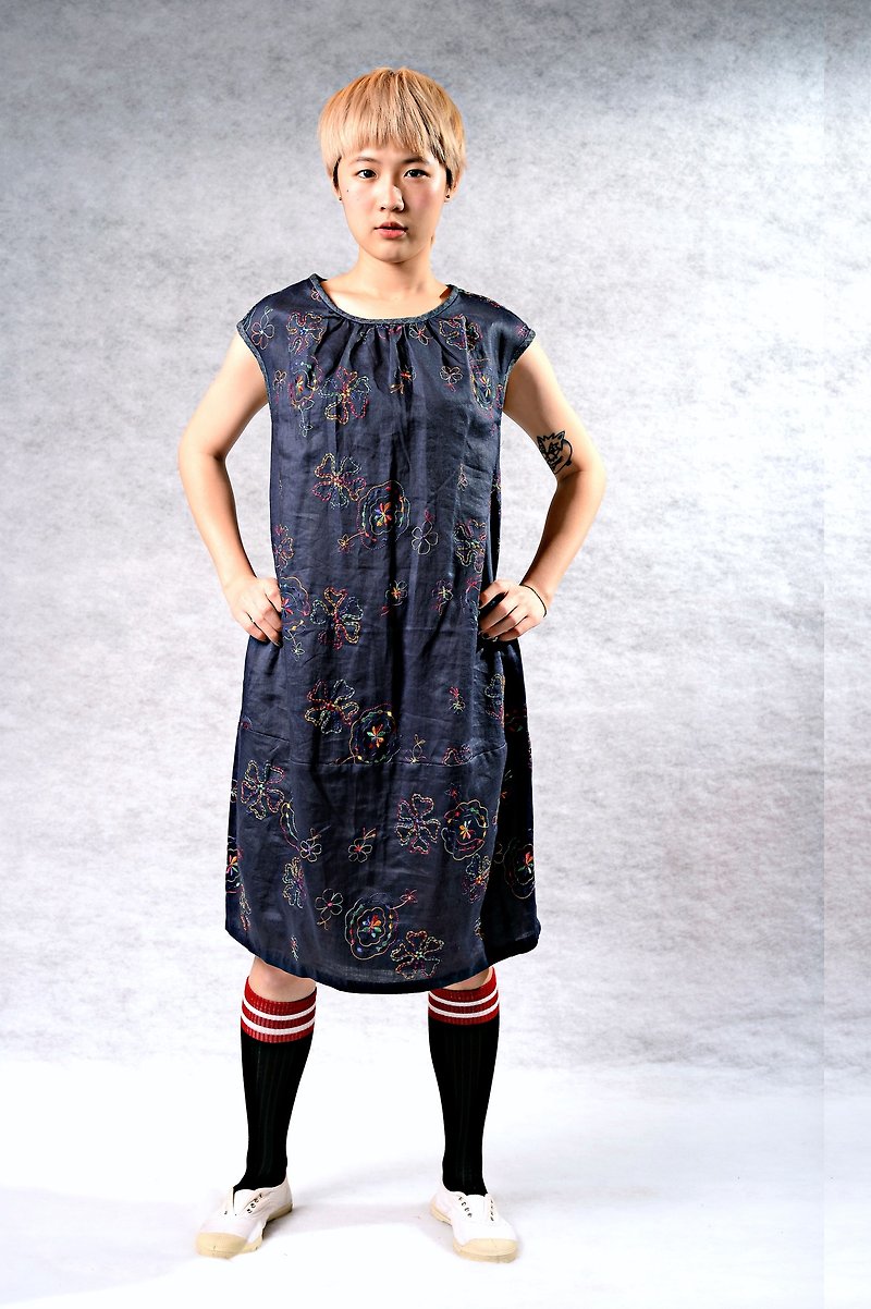Spring and summer embroidered elegant dress - One Piece Dresses - Cotton & Hemp Blue