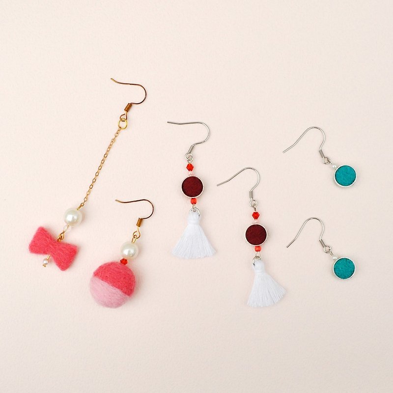 Goody Bag - wool felt earrings bag group - pink style × tassels × simple round - Earrings & Clip-ons - Wool Multicolor