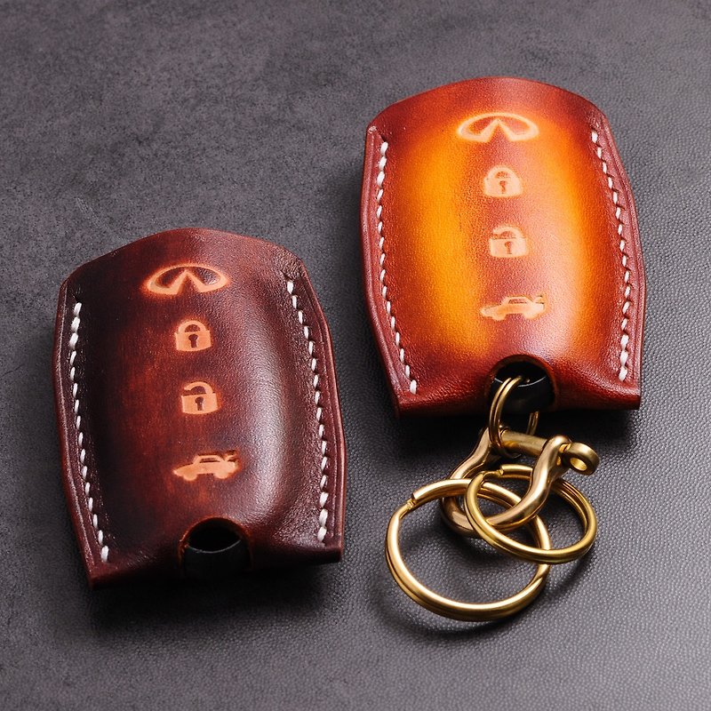 Can hand-made handmade custom real cowhide Infiniti suitable for three-button/four-button car key cover - ที่ห้อยกุญแจ - หนังแท้ สีส้ม