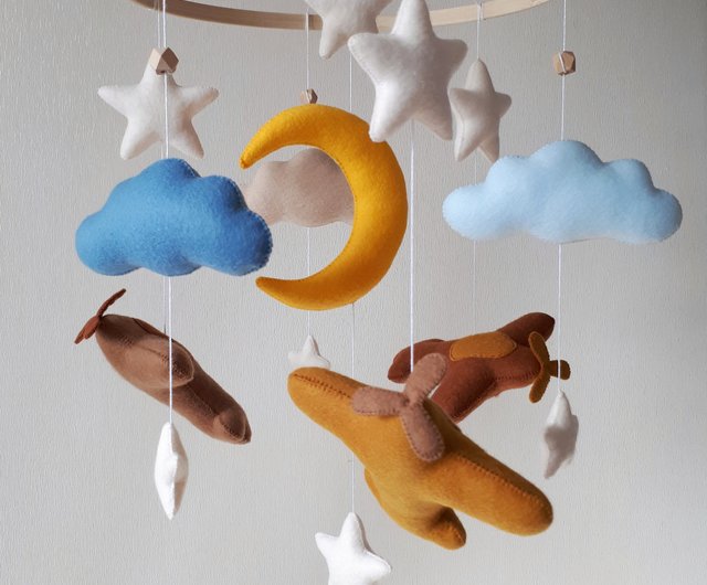 Baby Mobile Boy, Travel Mobile Nursery, Mobile Planes, Airplane Felt store Mobile, Cloud Stars Moon Mobile Nursery Decor, Crib Mobile Newborn