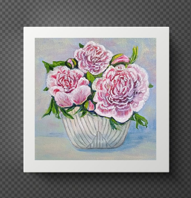 Oil Painting Bright Flowers Peonies Roses in a Vase Art Miniature 6 x 6 inches - ตกแต่งผนัง - โลหะ หลากหลายสี