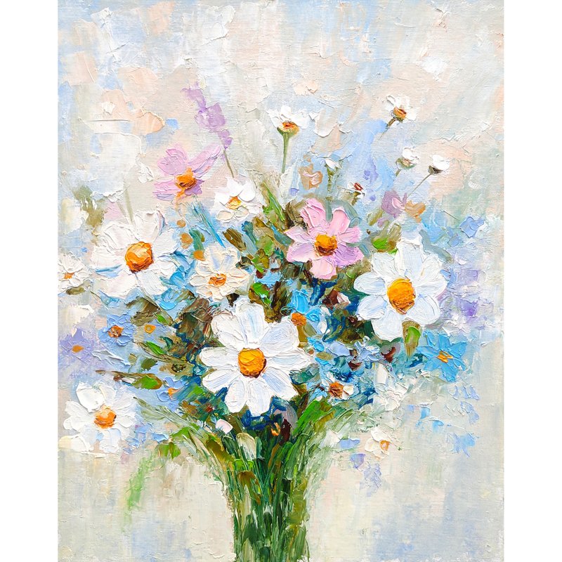 Daisies Bouquet Original Painting Flower Wall Art Floral Impasto Art 手工油畫 油畫原作 - 海報/掛畫/掛布 - 其他材質 多色