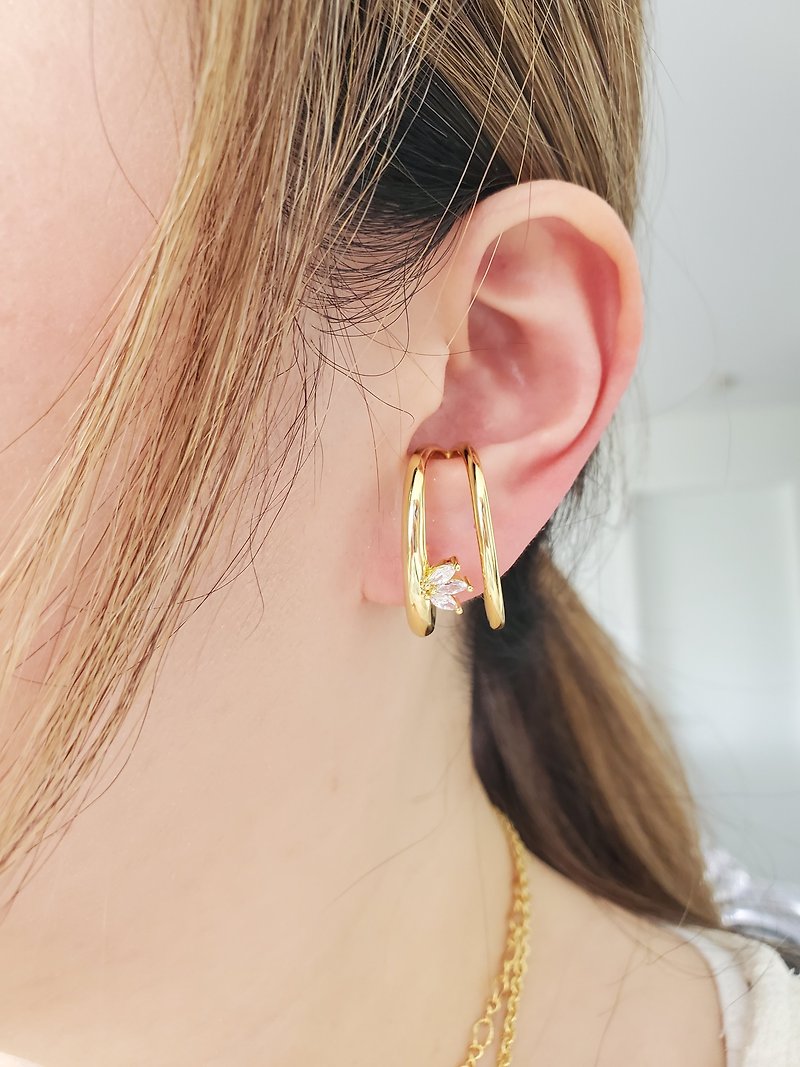 黃銅鍍18K金耳骨夾 ~ 鑽耳掛 ~ 耳夾 ~ 雙層耳環 - 耳環/耳夾 - 銅/黃銅 金色