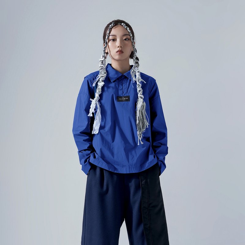單釦半開襟上衣 - 女襯衫 - 棉．麻 藍色