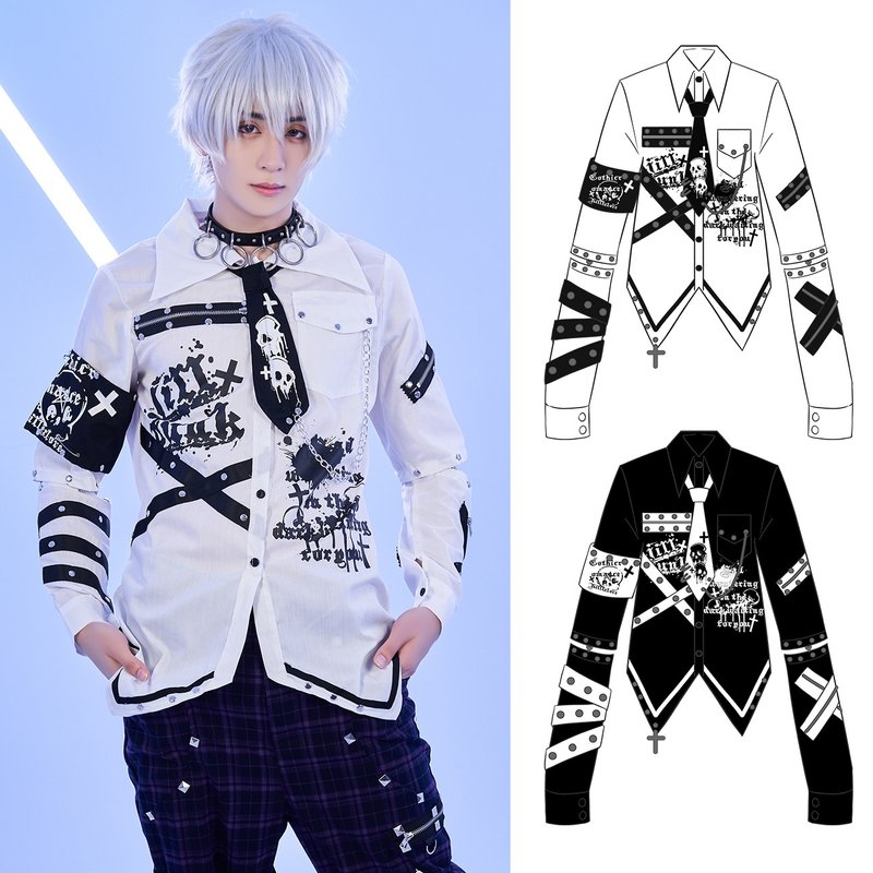 Visual emo Punk Preppy wraith sentinel studded sleevelet shirt w/ tie JJ2497 - เสื้อเชิ้ตผู้ชาย - เส้นใยสังเคราะห์ 