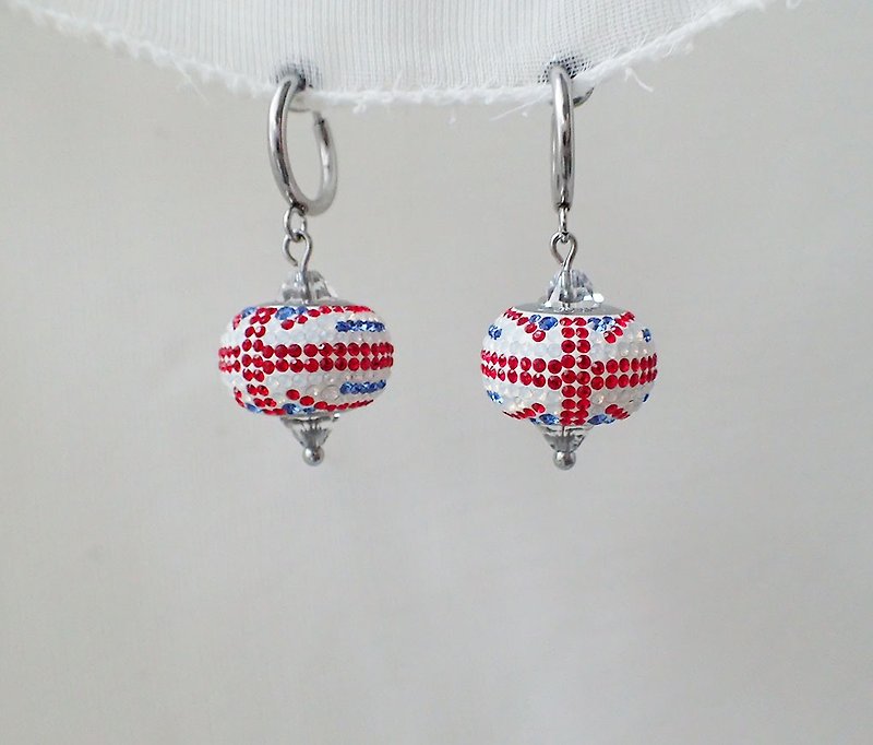 英國國旗　施華洛世奇元素 & 不鏽鋼 耳圈夾耳環(一對) - 耳環/耳夾 - 玻璃 紅色