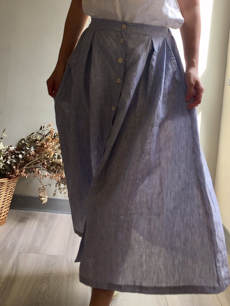 /Summer Daily / Non-printed blue and white pinstripe straight line buckles in the long skirt 100% hemp - กระโปรง - ผ้าฝ้าย/ผ้าลินิน 