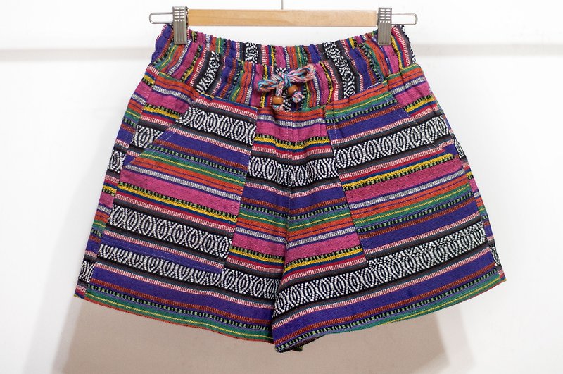 Women's ethnic style knitted shorts stitching cotton knitted shorts-South America tropical rainforest bright rainbow style - กางเกงขาสั้น - ผ้าฝ้าย/ผ้าลินิน หลากหลายสี
