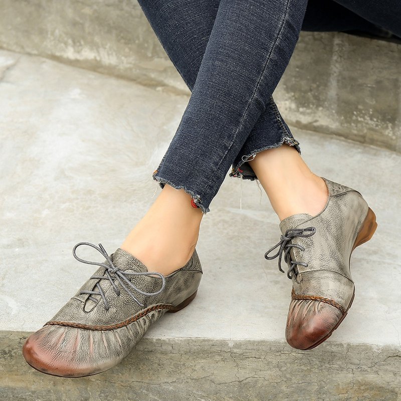 Handmade Retro Leather Flats Oxfords Shoes Women Fold And Knit Original Design - Women's Oxford Shoes - Genuine Leather Brown