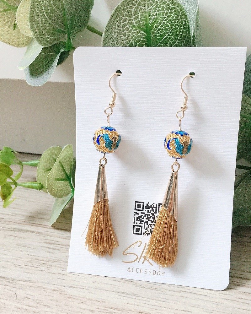 [Turnable Clip-On] Cloisonne beads with golden tassel earrings - Earrings & Clip-ons - Other Metals Gold