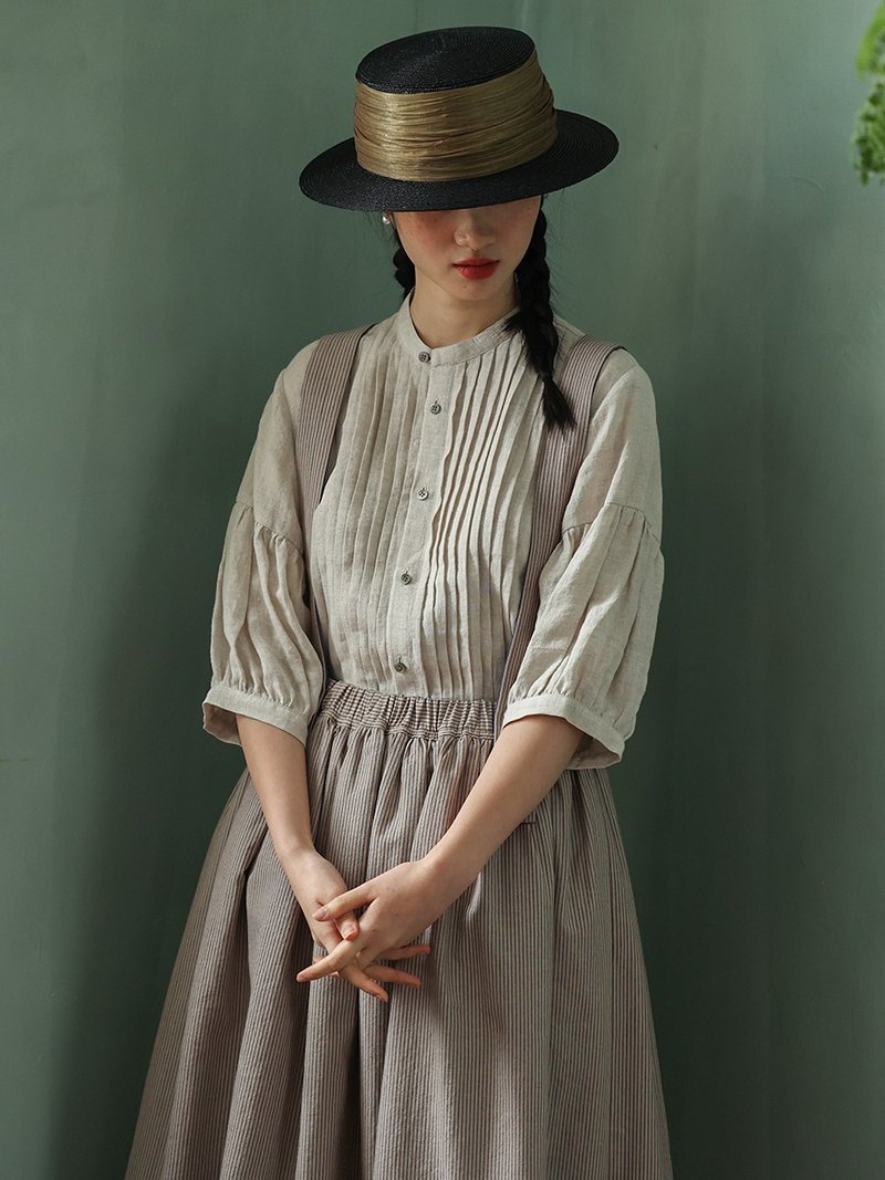 Retro pleated original Linen color versatile mid-sleeve linen shirt - เสื้อผู้หญิง - ผ้าฝ้าย/ผ้าลินิน หลากหลายสี