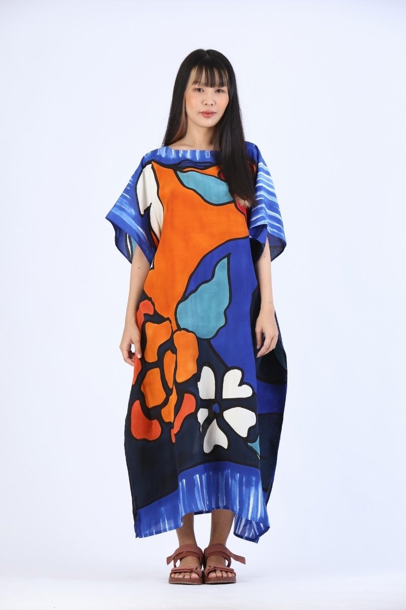 Hand Painted Cotton Silk Kaftan for Summer Resort Vacation - 洋裝/連身裙 - 棉．麻 藍色