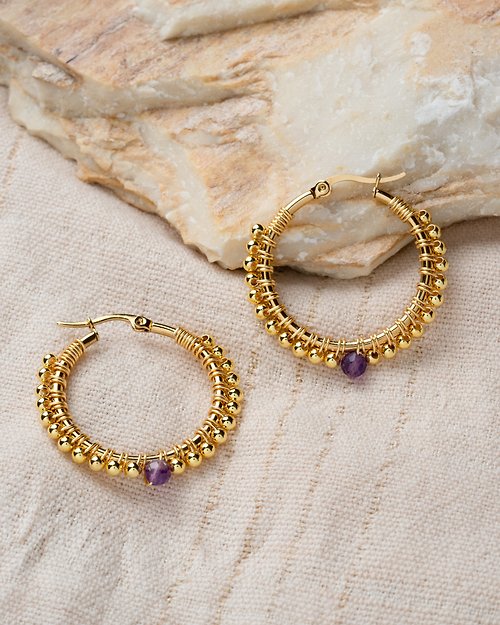aristarjewelry Large Zuri Earrings in Amethyst (18K Gold Plated Amethyst Hoops)