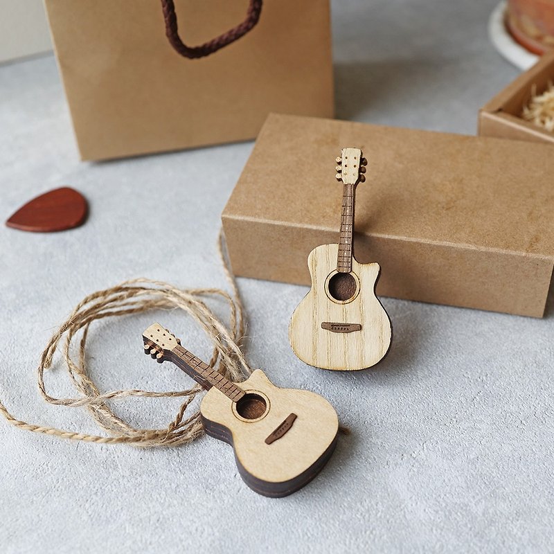 | Customized engraving + color selection | Simulated folk guitar pendant notch corner GA barrel key ring gift - Charms - Wood Brown