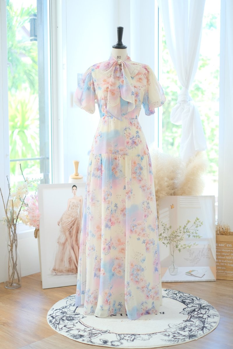 Yellow floral bridesmaid dress Wedding guest dress Dolly sleeve dress - 洋裝/連身裙 - 聚酯纖維 黃色