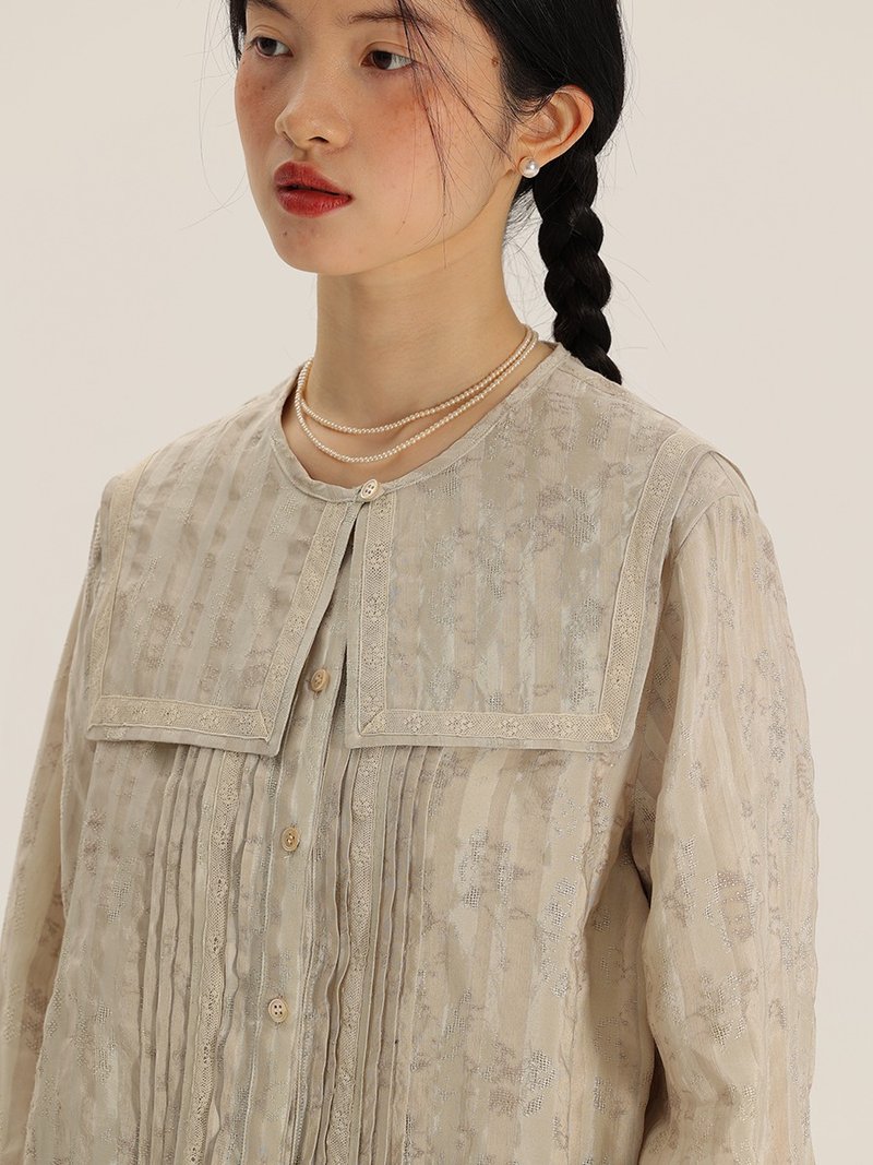 Detachable navy collar shirt with dark stripe jacquard lace - Women's Tops - Other Materials Multicolor