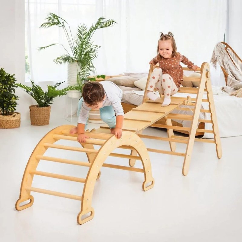 3in1 Indore Montessori Climbing Set: Triangle Ladder + Wooden Arch + Slide Board - Kids' Furniture - Wood Brown