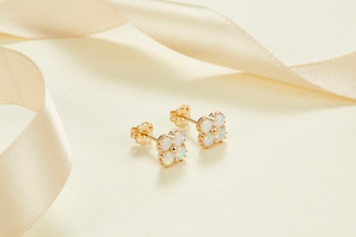 Purplemay Jewellery 【天然澳寶】純18K金四葉草澳寶蛋白石耳環耳釘 客製化訂製 E019