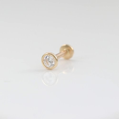 CHARIS GRACE 14K 包鑲單鑽鎖珠耳環 (前鎖 平底 圓餅) (單個) 耳骨 碰水不褪色