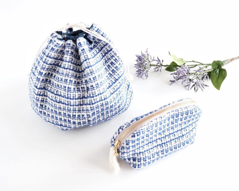 Summer lucky bag: Drawstring bag and pouch set (blue) - กระเป๋าถือ - ผ้าฝ้าย/ผ้าลินิน สีน้ำเงิน