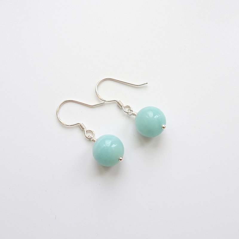 Amazonite Round Beads Sterling Silver Simple Hook Earrings - ต่างหู - เงินแท้ สีเขียว