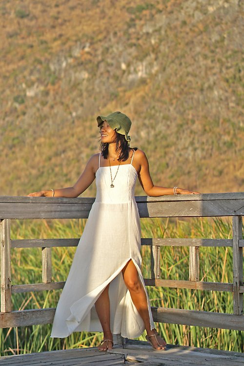 Earthernwear Long white dress for women. Elegant and romantic cotton slit dress for summer.